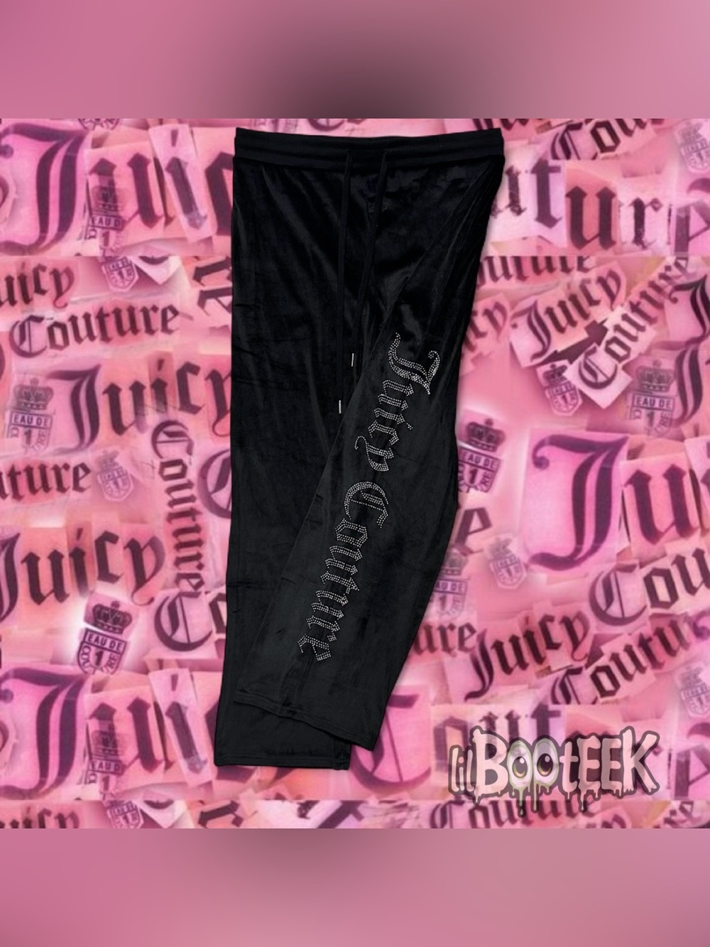 Juicy Couture Ladies LG Black Velour Pants OG Bling Rhinestone Logo Leg NEW Y2K